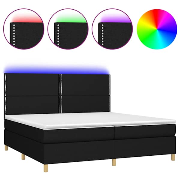 LED-valgustusega kontinentaalvoodi koos 2 madratsiga, must, 200 × 200 cm, kangas — mudel 3135383