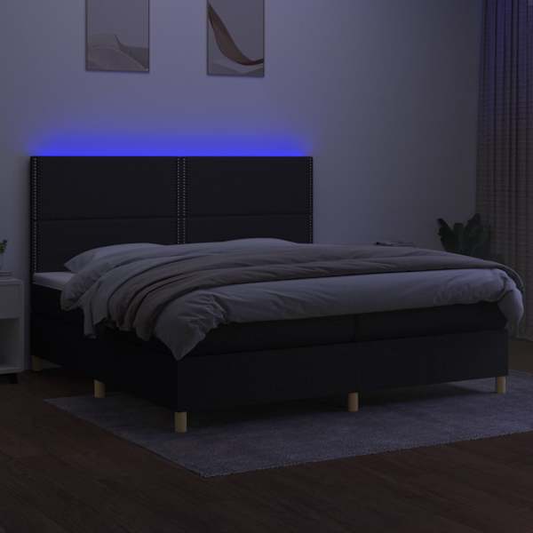 LED-valgustusega kontinentaalvoodi koos 2 madratsiga, must, 200 × 200 cm, kangas — mudel 3135383