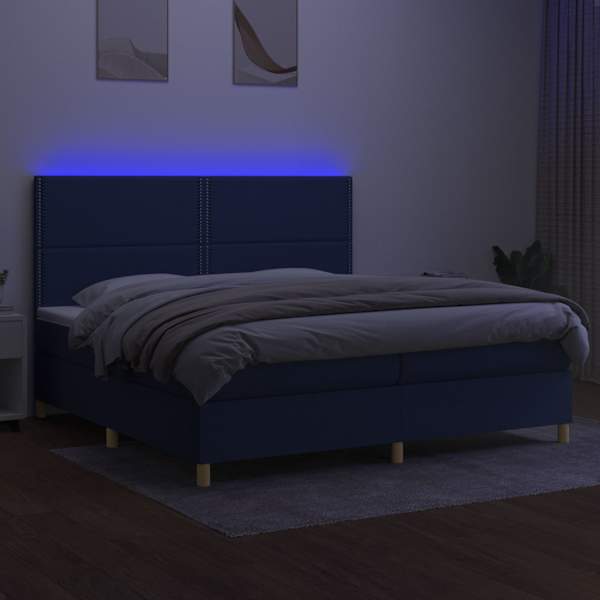 LED-valgustusega kontinentaalvoodi koos 2 madratsiga, sinine, 200 × 200 cm, kangas — mudel 3135387