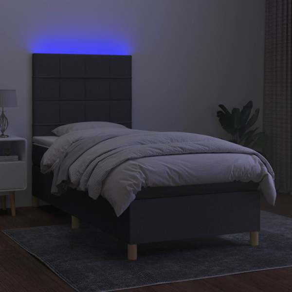 LED-valgustusega kontinentaalvoodi koos madratsiga, tumehall, 100 × 200 cm, kangas — mudel 3135414