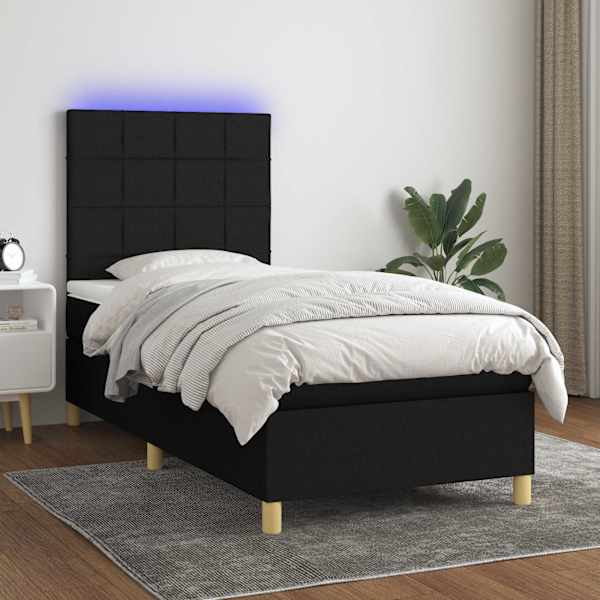LED-valgustusega kontinentaalvoodi koos madratsiga, must, 100 × 200 cm, kangas — mudel 3135415