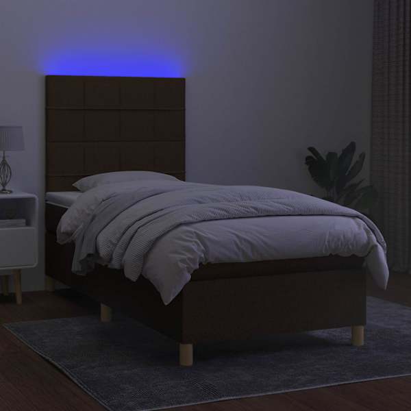 LED-valgustusega kontinentaalvoodi koos madratsiga, tumepruun, 100 × 200 cm, kangas — mudel 3135416