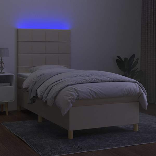 LED-valgustusega kontinentaalvoodi koos madratsiga, kreemjasvalge, 100 × 200 cm, kangas — mudel 3135418