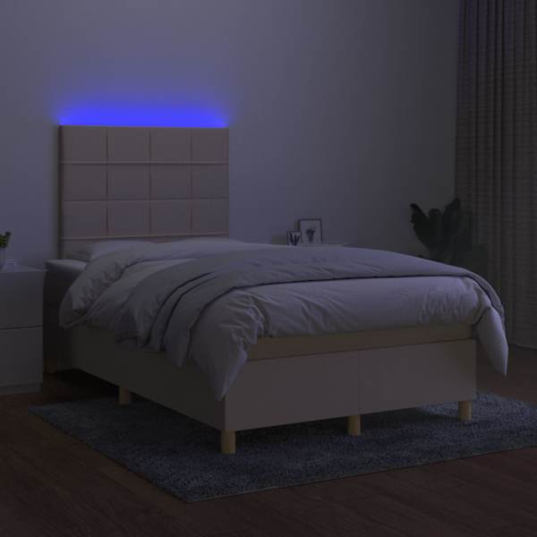LED-valgustusega kontinentaalvoodi koos madratsiga, kreemjasvalge, 120 × 200 cm, kangas — mudel 3135426