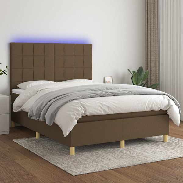 LED-valgustusega kontinentaalvoodi koos madratsiga, tumepruun, 140 × 190 cm, kangas — mudel 3135432