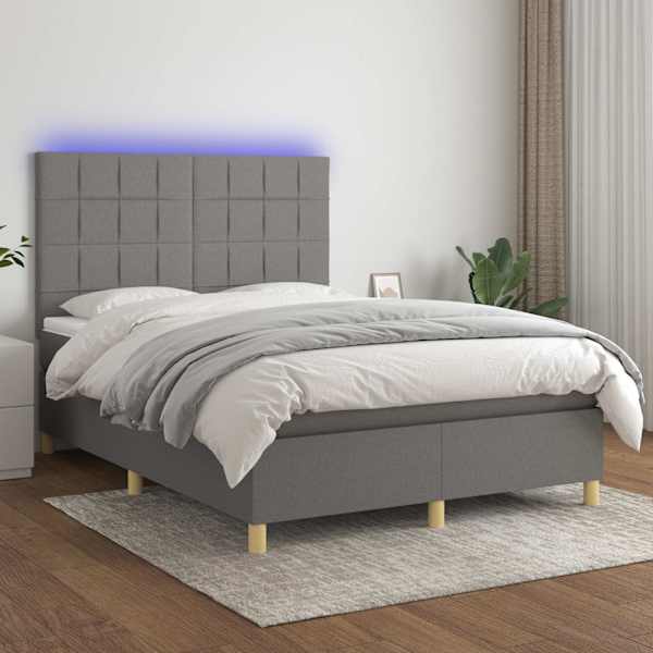 LED-valgustusega kontinentaalvoodi koos madratsiga, tumehall, 140 × 200 cm, kangas — mudel 3135438