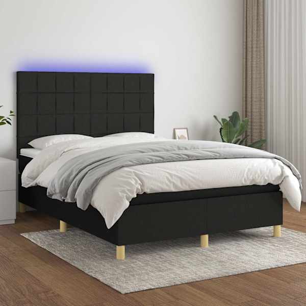 LED-valgustusega kontinentaalvoodi koos madratsiga, must, 140 × 200 cm, kangas — mudel 3135439