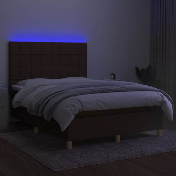 LED-valgustusega kontinentaalvoodi koos madratsiga, tumepruun, 140 × 200 cm, kangas — mudel 3135440