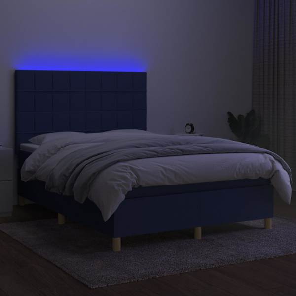 LED-valgustusega kontinentaalvoodi koos madratsiga, sinine, 140 × 200 cm, kangas — mudel 3135443
