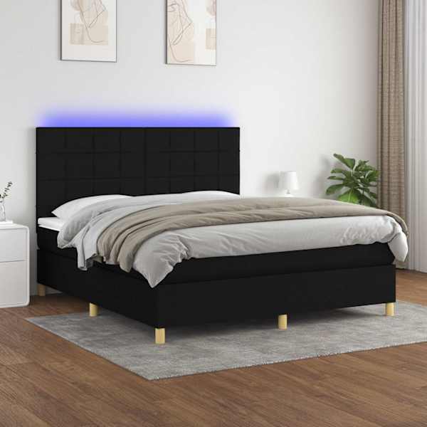 LED-valgustusega kontinentaalvoodi koos madratsiga, must, 160 × 200 cm, kangas — mudel 3135447
