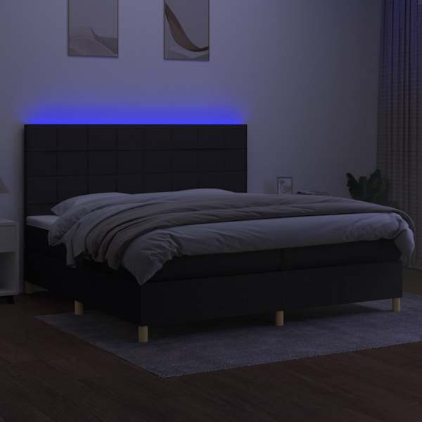 LED-valgustusega kontinentaalvoodi koos 2 madratsiga, must, 200 × 200 cm, kangas — mudel 3135463