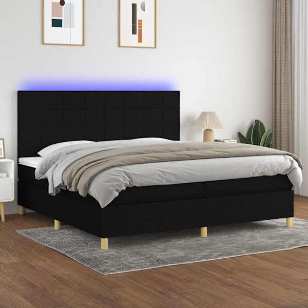 LED-valgustusega kontinentaalvoodi koos 2 madratsiga, must, 200 × 200 cm, kangas — mudel 3135463