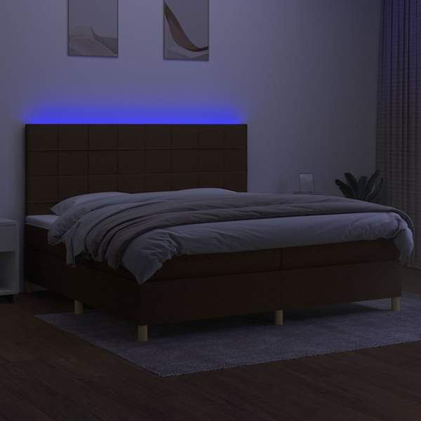 LED-valgustusega kontinentaalvoodi koos 2 madratsiga, tumepruun, 200 × 200 cm, kangas — mudel 3135464