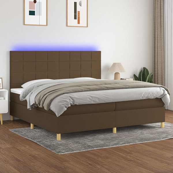 LED-valgustusega kontinentaalvoodi koos 2 madratsiga, tumepruun, 200 × 200 cm, kangas — mudel 3135464