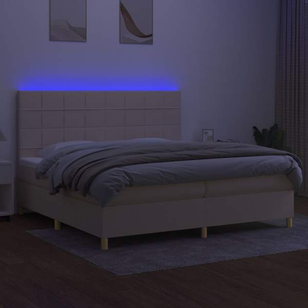 LED-valgustusega kontinentaalvoodi koos 2 madratsiga, kreemjasvalge, 200 × 200 cm, kangas — mudel 3135466