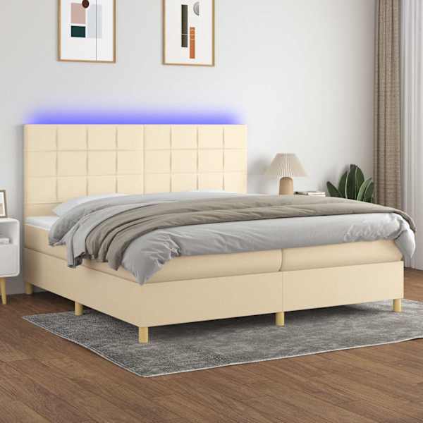 LED-valgustusega kontinentaalvoodi koos 2 madratsiga, kreemjasvalge, 200 × 200 cm, kangas — mudel 3135466