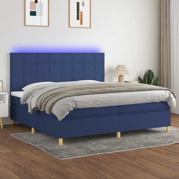 LED-valgustusega kontinentaalvoodi koos 2 madratsiga, sinine, 200 × 200 cm, kangas — mudel 3135467