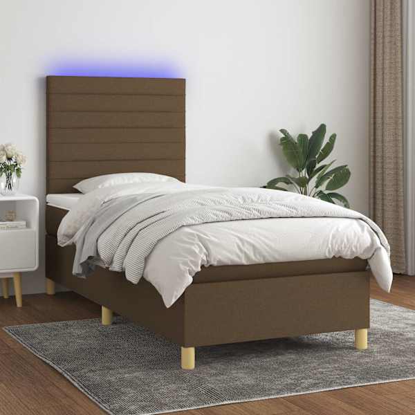 LED-valgustusega kontinentaalvoodi koos madratsiga, tumepruun, 90 × 190 cm, kangas — mudel 3135480