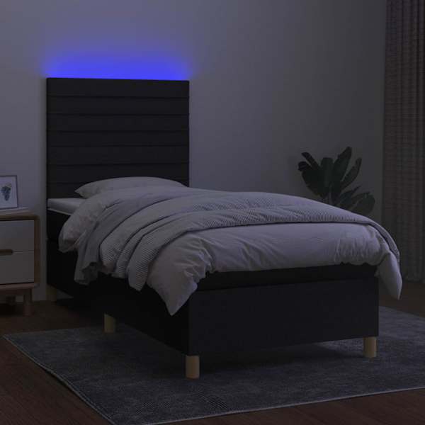 LED-valgustusega kontinentaalvoodi koos madratsiga, must, 90 × 200 cm, kangas — mudel 3135487