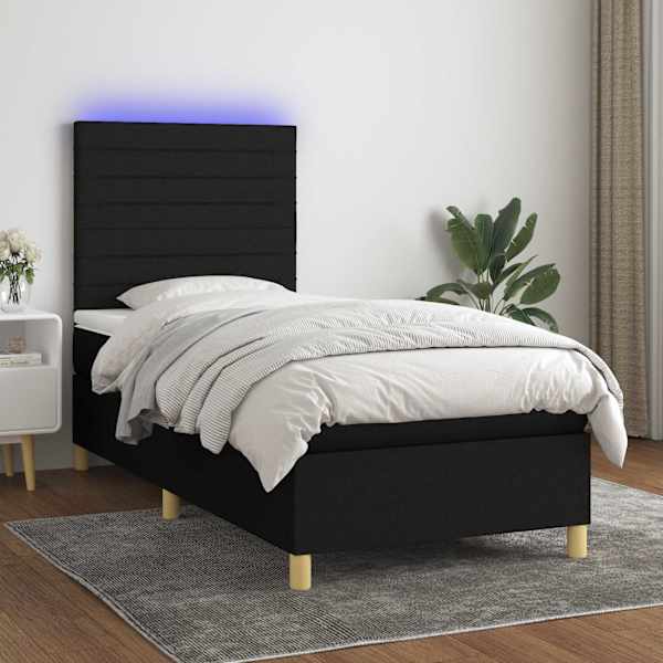 LED-valgustusega kontinentaalvoodi koos madratsiga, must, 90 × 200 cm, kangas — mudel 3135487