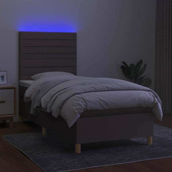LED-valgustusega kontinentaalvoodi koos madratsiga, pruunikashall, 90 × 200 cm, kangas — mudel 3135489