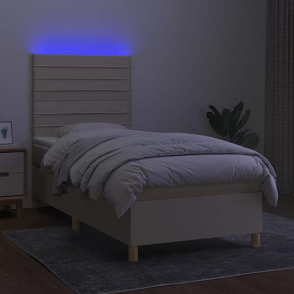 LED-valgustusega kontinentaalvoodi koos madratsiga, kreemjasvalge, 90 × 200 cm, kangas — mudel 3135490