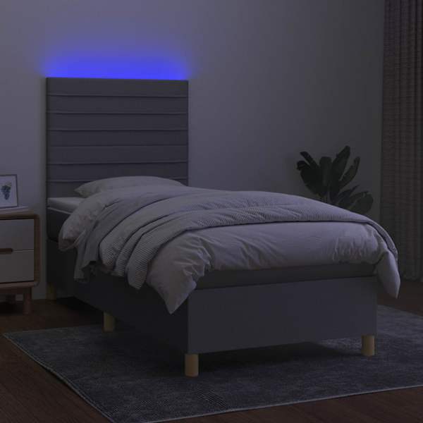 LED-valgustusega kontinentaalvoodi koos madratsiga, helehall, 100 × 200 cm, kangas — mudel 3135493