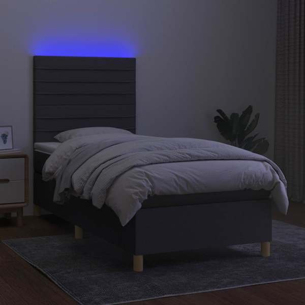 LED-valgustusega kontinentaalvoodi koos madratsiga, tumehall, 100 × 200 cm, kangas — mudel 3135494