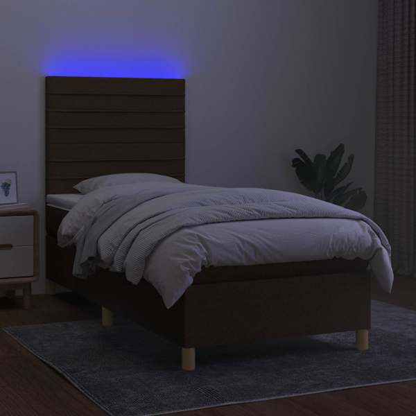 LED-valgustusega kontinentaalvoodi koos madratsiga, tumepruun, 100 × 200 cm, kangas — mudel 3135496