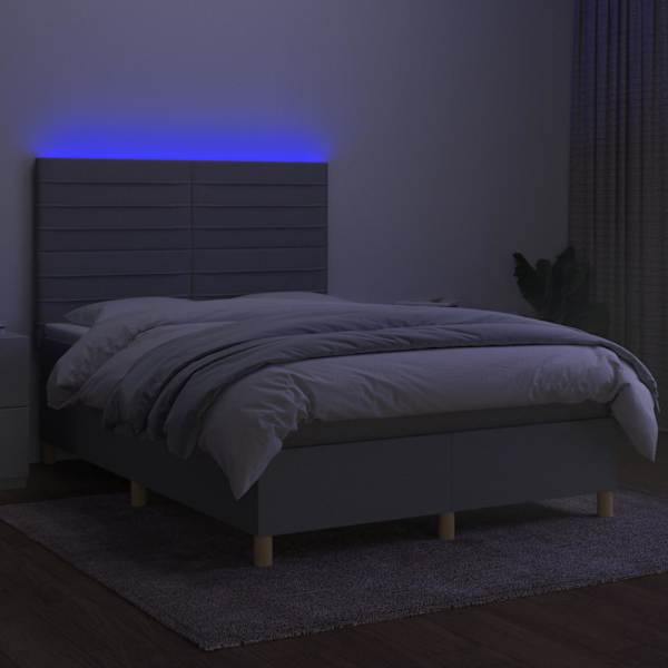 LED-valgustusega kontinentaalvoodi koos madratsiga, helehall, 140 × 190 cm, kangas — mudel 3135509