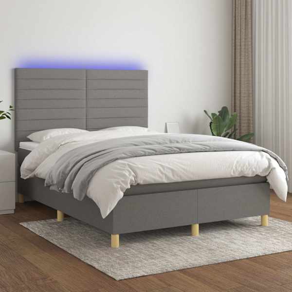 LED-valgustusega kontinentaalvoodi koos madratsiga, tumehall, 140 × 190 cm, kangas — mudel 3135510