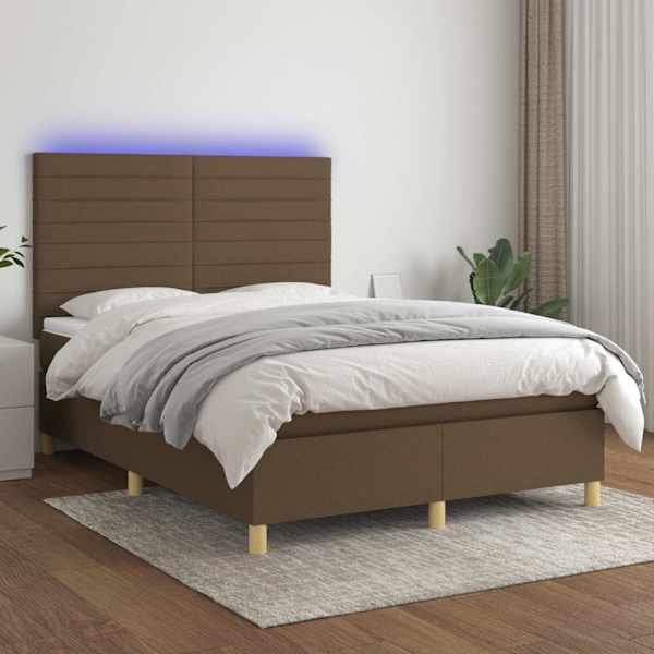 LED-valgustusega kontinentaalvoodi koos madratsiga, tumepruun, 140 × 190 cm, kangas — mudel 3135512
