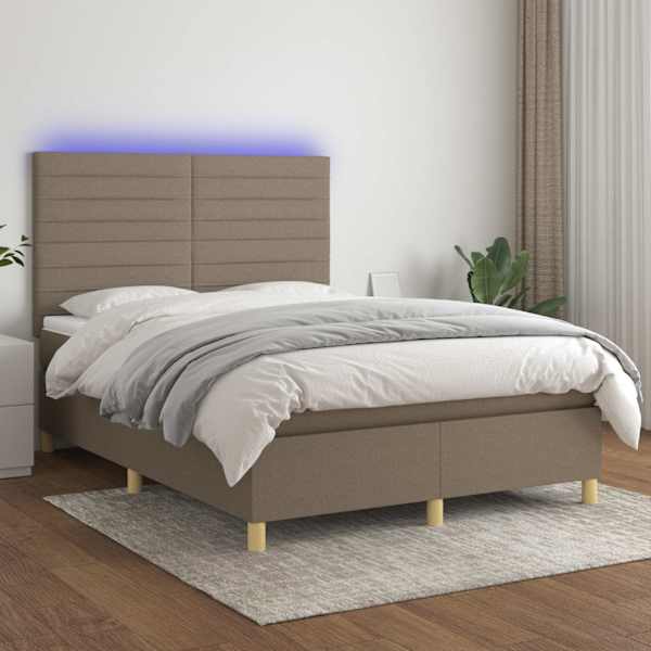 LED-valgustusega kontinentaalvoodi koos madratsiga, pruunikashall, 140 × 190 cm, kangas — mudel 3135513