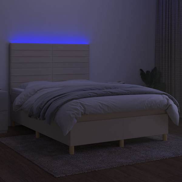 LED-valgustusega kontinentaalvoodi koos madratsiga, kreemjasvalge, 140 × 200 cm, kangas — mudel 3135522