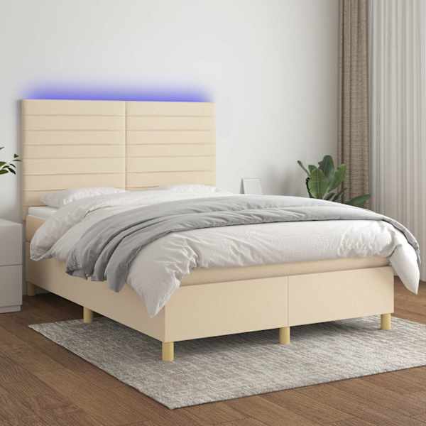 LED-valgustusega kontinentaalvoodi koos madratsiga, kreemjasvalge, 140 × 200 cm, kangas — mudel 3135522