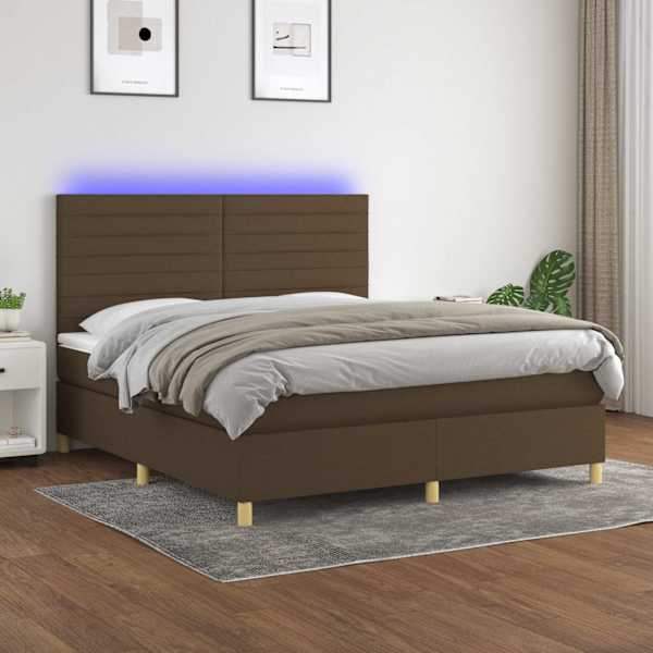 LED-valgustusega kontinentaalvoodi koos madratsiga, tumepruun, 160 × 200 cm, kangas — mudel 3135528