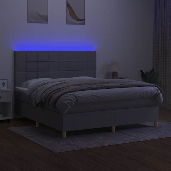 LED-valgustusega kontinentaalvoodi koos madratsiga, helehall, 180 × 200 cm, kangas — mudel 3135533