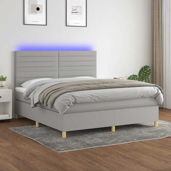 LED-valgustusega kontinentaalvoodi koos madratsiga, helehall, 180 × 200 cm, kangas — mudel 3135533