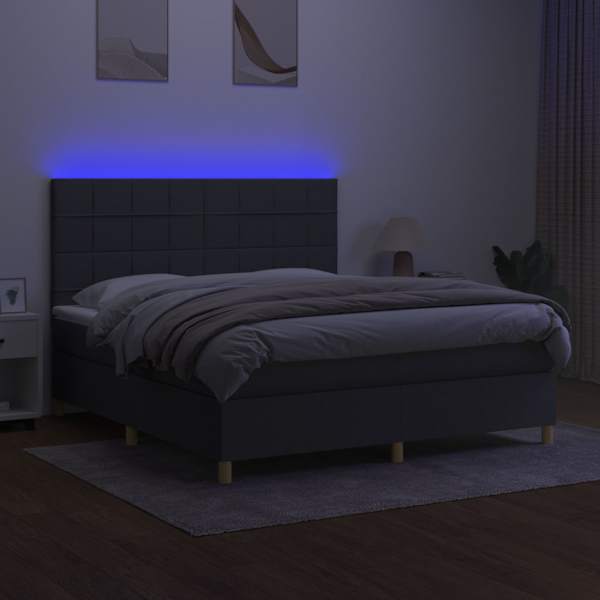 LED-valgustusega kontinentaalvoodi koos madratsiga, tumehall, 180 × 200 cm, kangas — mudel 3135534