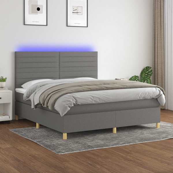 LED-valgustusega kontinentaalvoodi koos madratsiga, tumehall, 180 × 200 cm, kangas — mudel 3135534