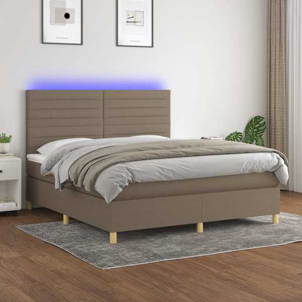 LED-valgustusega kontinentaalvoodi koos madratsiga, pruunikashall, 180 × 200 cm, kangas — mudel 3135537