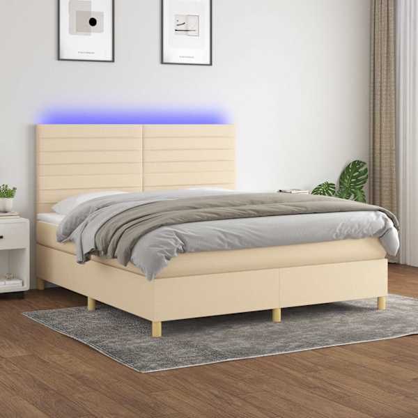 LED-valgustusega kontinentaalvoodi koos madratsiga, kreemjasvalge, 180 × 200 cm, kangas — mudel 3135538