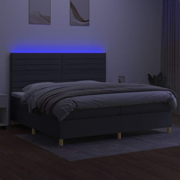 LED-valgustusega kontinentaalvoodi koos 2 madratsiga, tumehall, 200 × 200 cm, kangas — mudel 3135542