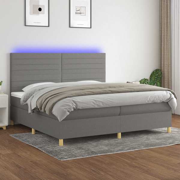 LED-valgustusega kontinentaalvoodi koos 2 madratsiga, tumehall, 200 × 200 cm, kangas — mudel 3135542