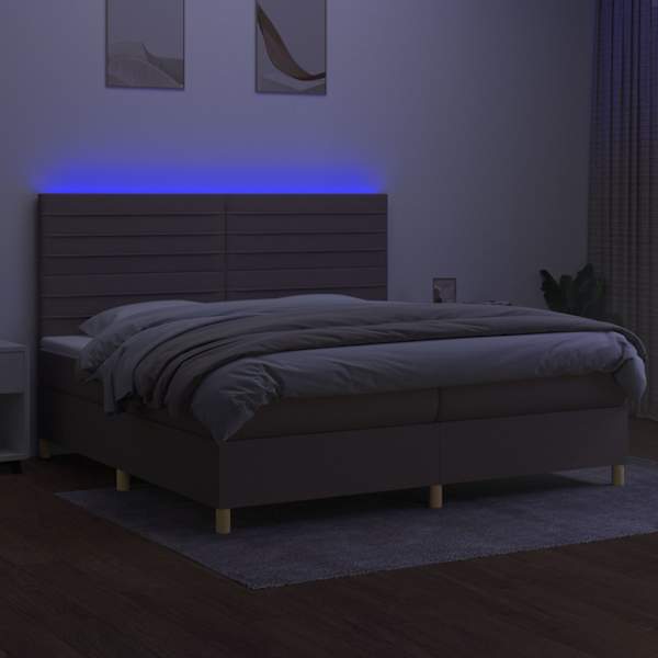 LED-valgustusega kontinentaalvoodi koos 2 madratsiga, pruunikashall, 200 × 200 cm, kangas — mudel 3135545
