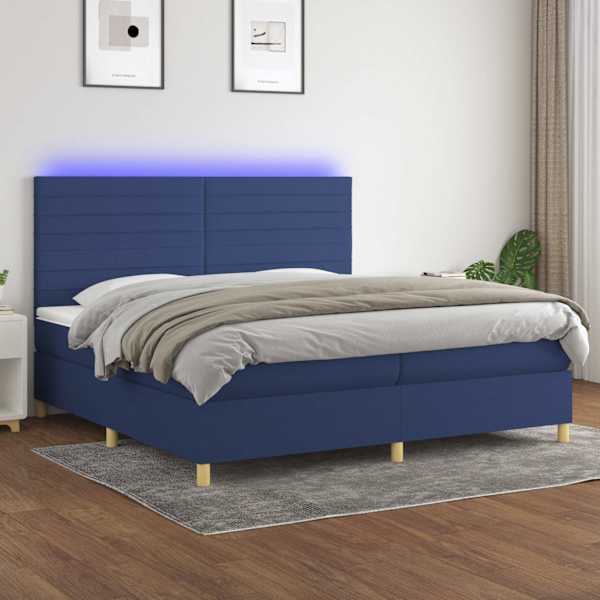 LED-valgustusega kontinentaalvoodi koos 2 madratsiga, sinine, 200 × 200 cm, kangas — mudel 3135547
