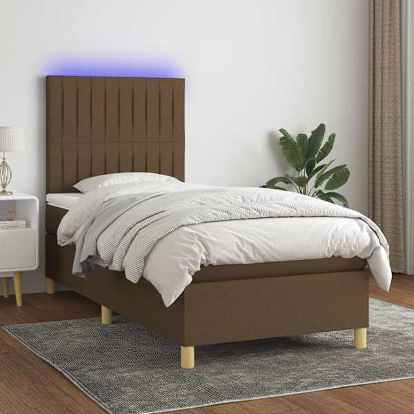LED-valgustusega kontinentaalvoodi koos madratsiga, tumepruun, 90 × 190 cm, kangas — mudel 3135560
