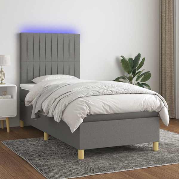 LED-valgustusega kontinentaalvoodi koos madratsiga, tumehall, 90 × 200 cm, kangas — mudel 3135566