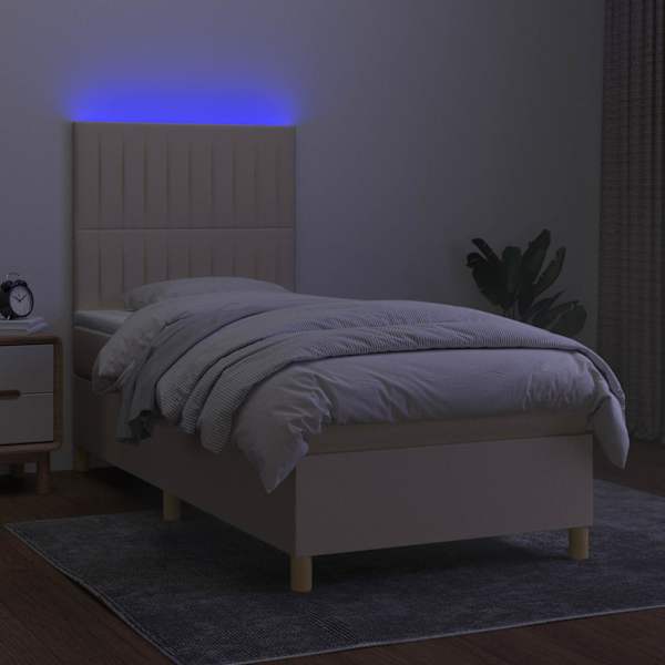 LED-valgustusega kontinentaalvoodi koos madratsiga, kreemjasvalge, 90 × 200 cm, kangas — mudel 3135570