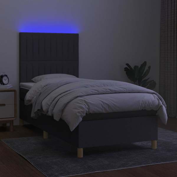 LED-valgustusega kontinentaalvoodi koos madratsiga, tumehall, 100 × 200 cm, kangas — mudel 3135574